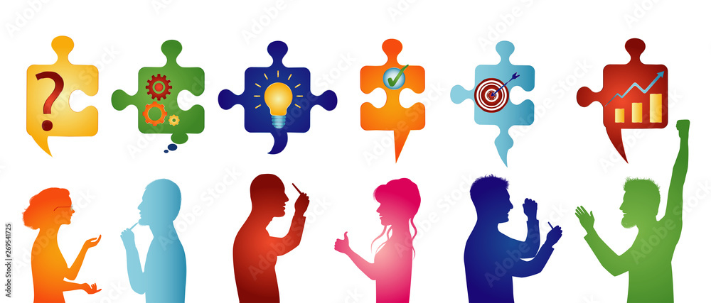 Puzzle pieces with problem solving symbols. Colored profile people gesturing. Business solution. Concept problem solving team. Strategy and success. Client service Puzzle pieces with problem solving symbols. Colored profile people gesturing. Business solution. Concept problem solving team. Strategy and success. Client service