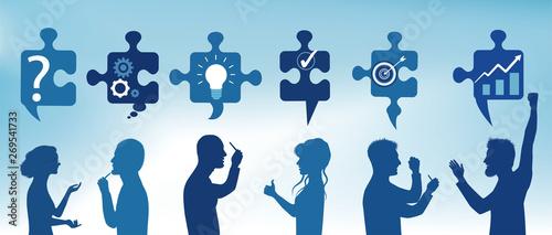 Puzzle pieces with solution symbols to problems with profile people who gesticulate. Business solution. Concept problem solving team. Strategy and success. Client service. Blue color