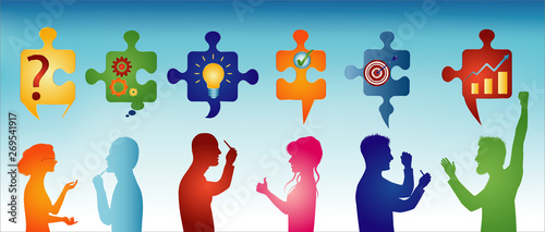 Colored profile people gesturing. Puzzle pieces with problem solving symbols. Business solution. Concept problem solving team. Strategy and success. Client service. Blue background