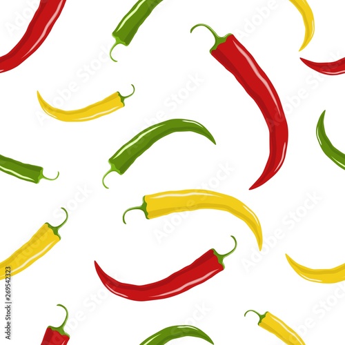 Seamless pattern of chilli pepper - red, yellow, green. Template design for restaurant, food, wrapping, farm market products. Can use for wallpapers, web page backgrounds, surface textures.