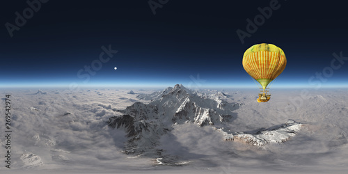 360 Grad Ansicht mit einem Fantasie Heißluftballon über einem bewölkten Bergpanorama