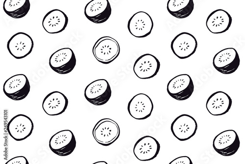 Black and white hand drawn kiwi seamless pattern