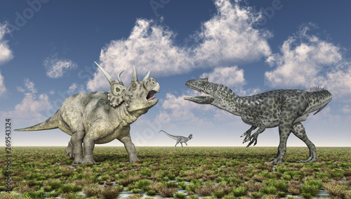 Diabloceratops und Allosaurus in einer Landschaft