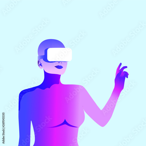 Woman in virtual reality glasses. 3D vr grlasses concept. Neon futuristic vector picture.