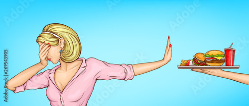 Fast food and harmful food refuse, suffering of strict diet pop art vector concept. Woman dont wont look, turning away, raising hand in stop sign for reached tray with high-calorie meals illustration