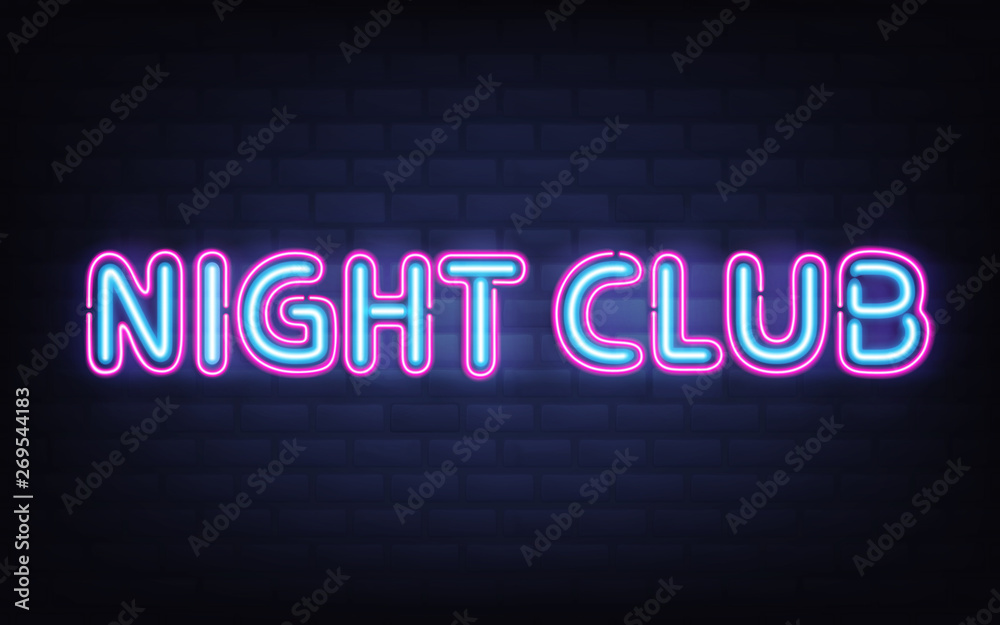 Night club neon lettering on dark brick wall background. Blue pink shining highly detailed realistic glowing signboard, light banner for nightlife event entertainment, inscription. Vector Illustration