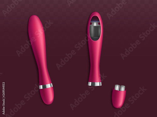 Assembled, disassembled vibrators 3d realistic vector isolated on transparent background with batteries case, internal motor cross section illustration. Womens sex toy work mechanism explanation