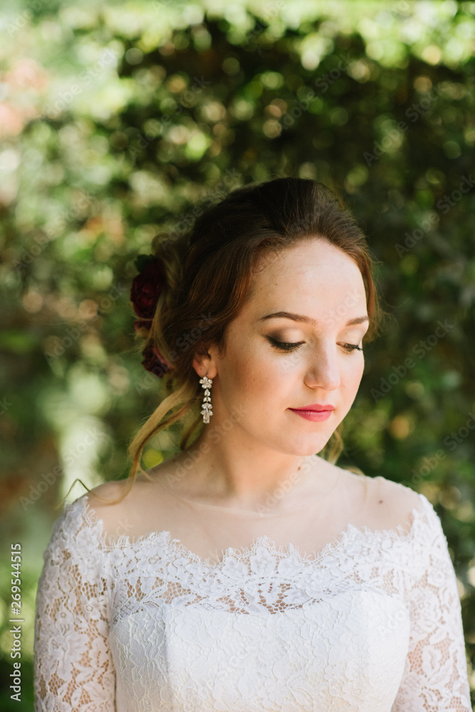 Bride portrait in white wedding dress close up Bride portrait in white wedding dress close up