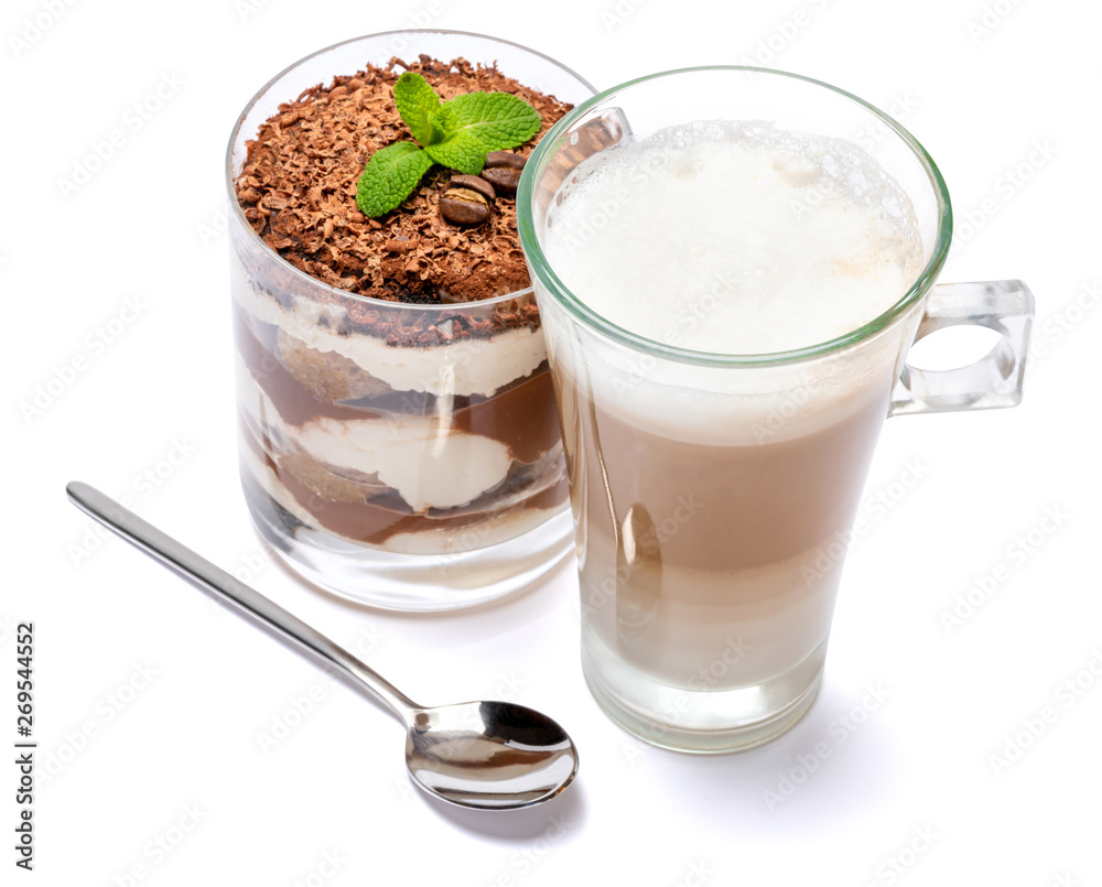 Classic tiramisu dessert in a glass and cup of coffee isolated on a white background with clipping path Classic tiramisu dessert in a glass and cup of coffee isolated on a white background with clipping path
