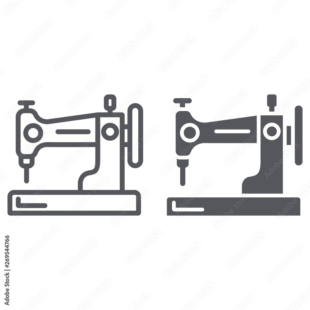 Sewing machine line and glyph icon, hobby and handcraft, household sign, vector graphics, a linear pattern on a white background.