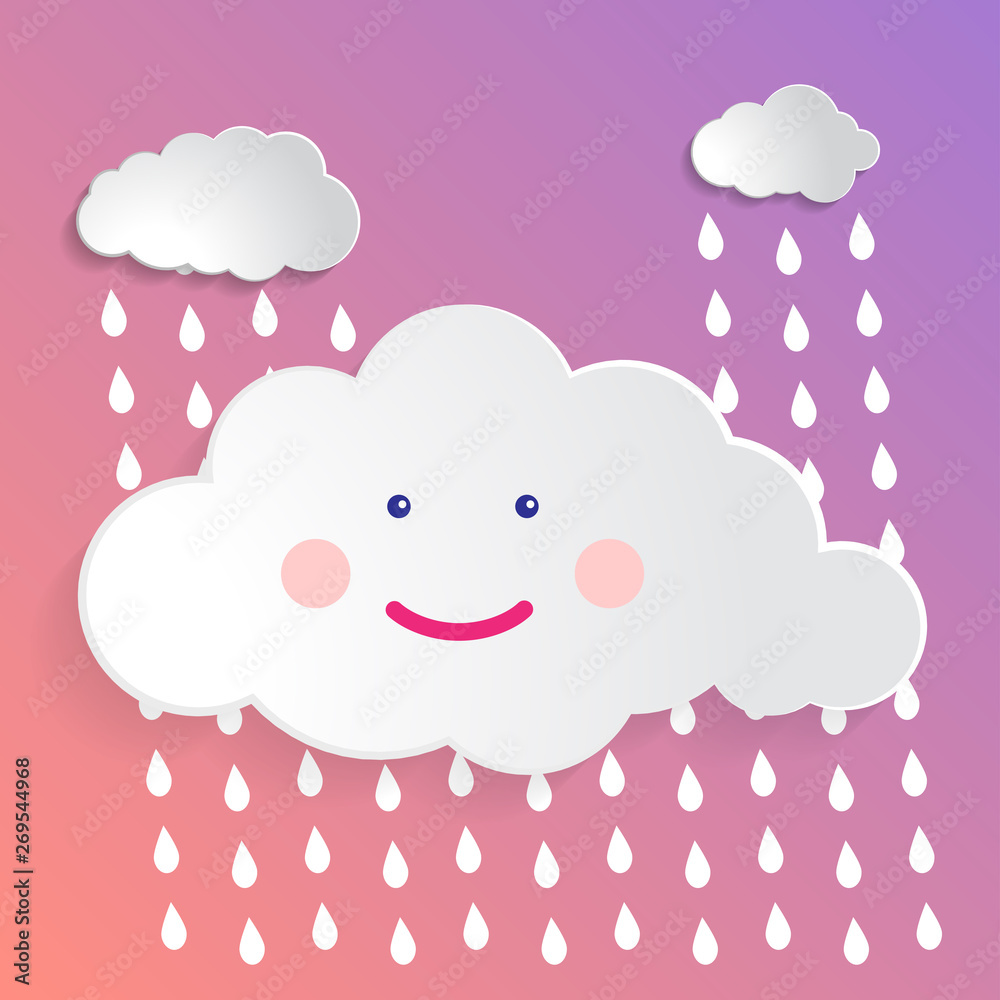 Flat art design graphic image of happy cloud with rain drops (baby shower concept) on pink and violet gradient pastel background Flat art design graphic image of happy cloud with rain drops (baby shower concept) on pink and violet gradient pastel background
