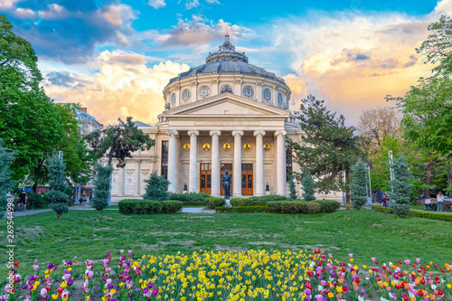 Romanian Atheneum, an important concert hall and a landmark in Bucharest, Romania. Sunset colors.