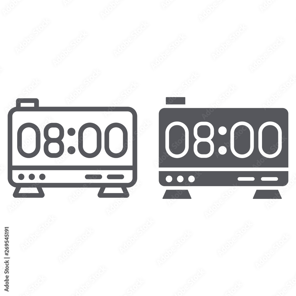 Electronic alarm clock line and glyph icon, digital and hour, clock display sign, vector graphics, a linear pattern on a white background. Electronic alarm clock line and glyph icon, digital and hour, clock display sign, vector graphics, a linear pattern on a white background.