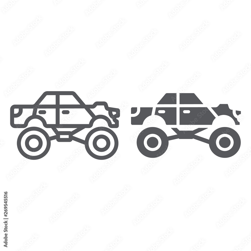 Monster truck line and glyph icon, transport and extreme, monster car sign, vector graphics, a linear pattern on a white background.