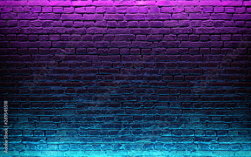 Fototapete Modern futuristic neon lights on old grunge brick wall room background