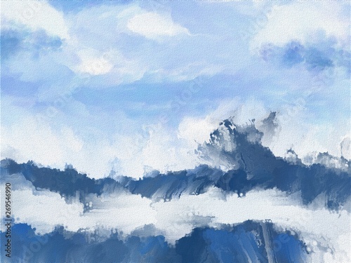 Abstract art blue landscape. A textural image of clouds or the sea. Drawing paints.