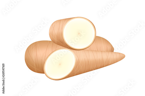 raw cassava fresh isolated on white background, cassava cut slice for tapioca flour industry or ethanol industry, pile yucca cassava tuber, raw manioc cassava in top view
