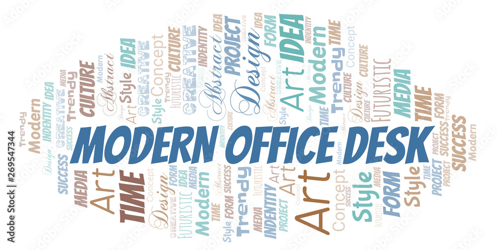 Modern Office Desk word cloud. Wordcloud made with text only.