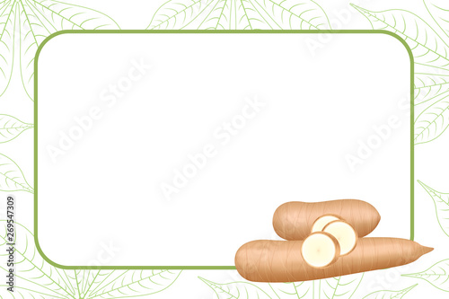 banner frame of cassava fresh for copy space, cassava cut slice for tapioca flour industry or ethanol, pile yucca cassava tuber on frame, raw manioc cassava on template banner green background empty