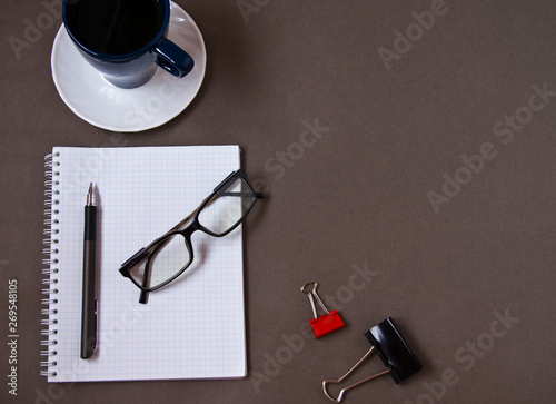 Coffee Cup, glasses and office supplies. Isolated on background