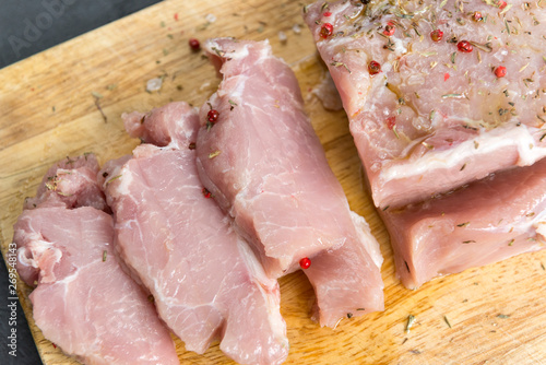 sliced raw pork steaks, raw meat