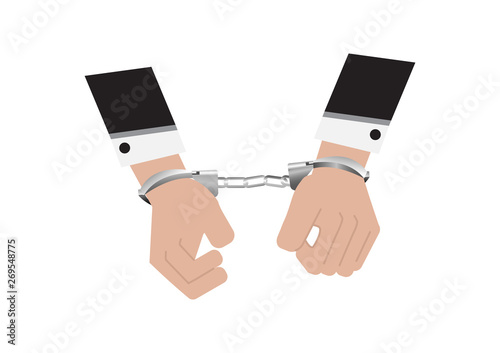 A vector of hands of businessman in back suit arrested Control by putting silver handcuffs isolated on white background, Lock the shackle