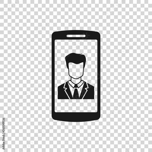Grey Smartphone with contact on screen icon isolated on transparent background. Incoming call. Human on phone screen. Call contact. Vector Illustration