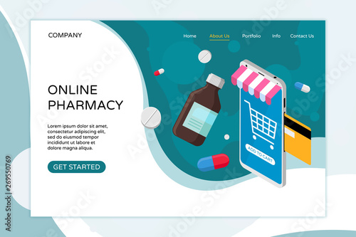Online pharmacy landing page template. Buy medicaments and drugs online. Medical e-commerse web site design. Flat vector illustration for ui, mobile app, poster, banner, flyer