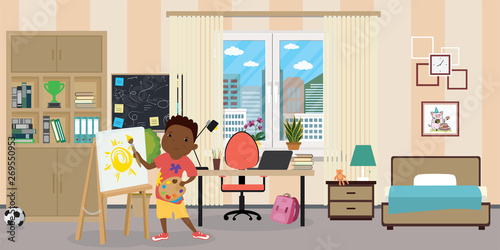 Kid room interior.African american male teen with easel,brush and paints