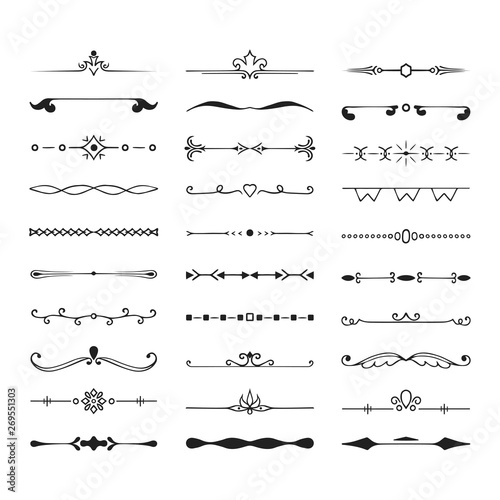 Collection of hand drawn wedding dividers. Vector calligraphic lines, vintage borders and floral laurels. Vector isolated flourish ink elements.