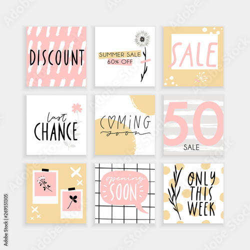 Summer Instagram, fashion, brand ad templates collection for posts and stories advertising.  Social media trends. Textured, patterns, background. Pink sand gold white color palette. Vector 