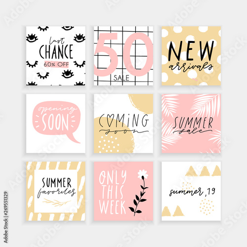 Summer Instagram, fashion, brand ad templates collection for posts and stories advertising.  Social media trends. Textured, patterns, background. Pink sand gold white color palette. Vector 