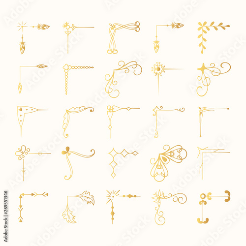 Golden filigree borders and vintage corners. Flourish design text decoration elements. Gold swirl Ink frames.