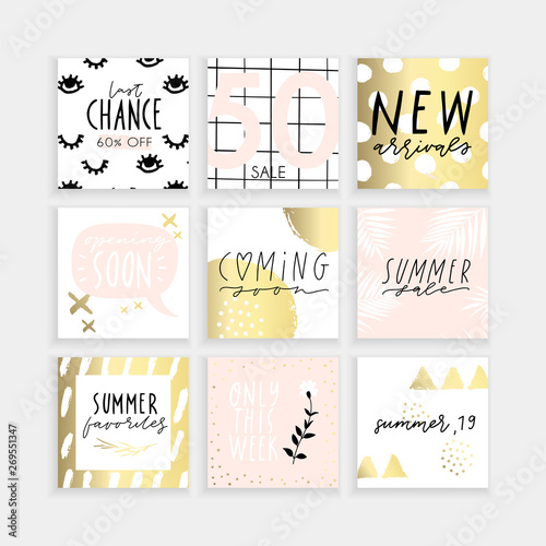 Summer Insta business, fashion, brand ad templates collection for posts and stories advertising.  Social media trends. Textured, patterns, background. Pale rose, pink gold white color palette. Vector 
