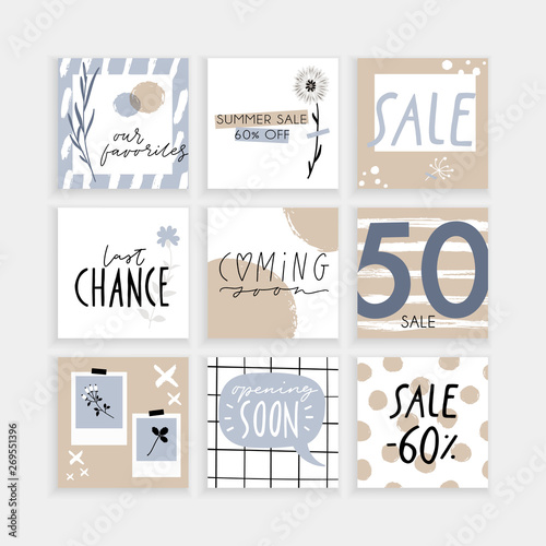 Summer Insta business, fashion, brand ad templates collection for posts and stories advertising. Social media trends. Textured, patterns, background. Soft pale blue pastel color palette. Vector 
