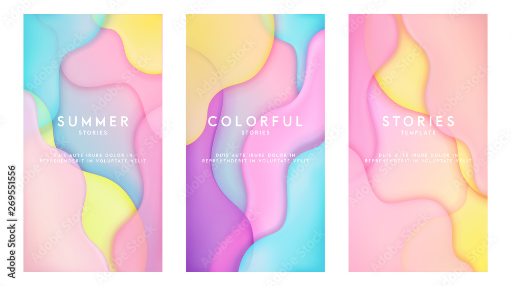 Dynamic colorful stories template design set with fluid rainbow gradient transparent elements. Creative illustration for poster, web, landing, page, cover, ad, greeting, card, social media, promotion. - obrazy, fototapety, plakaty 