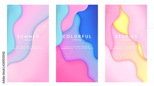 Dynamic colorful stories template design set with fluid rainbow gradient transparent elements. Creative illustration for poster, web, landing, page, cover, ad, greeting, card, social media, promotion.