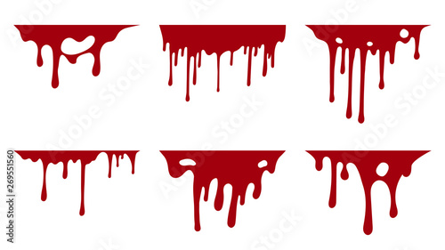 Hand drawn collection of blood paint splatter backgrounds. Horror leak. Bloody Ink drip. Melting graffiti drops. Vector isolated red grunge stain.