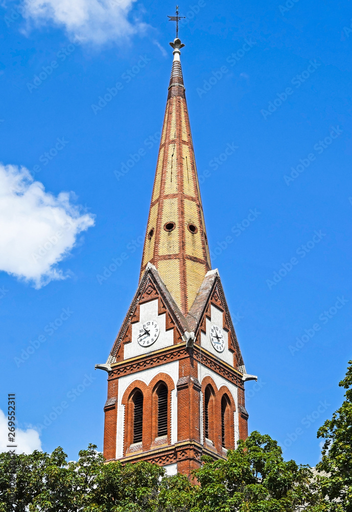 Tower of an old church in Debrecen city, Hungary