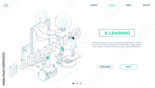 E-learning concept - line design style isometric web banner