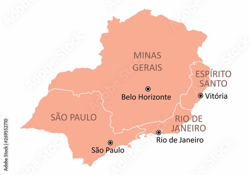 Map of the Brazil southeast region isolated on white background photo