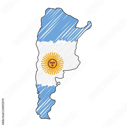 Argentina map hand drawn sketch. Vector concept illustration flag, childrens drawing, scribble map. Country map for infographic, brochures and presentations isolated on white background. Vector