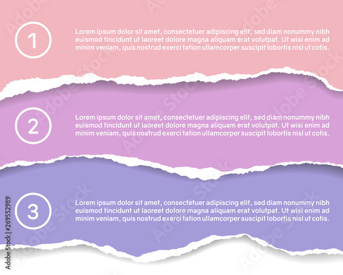 Illustration infographics for three step with colorful torn papers, numbers and text, vector
