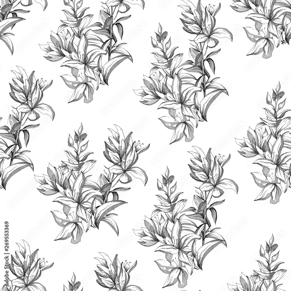 Light background from contour flowers. Outline drawing with flowers and blooming herbs. Vintage texture for decoration of fabric, tile and paper and wallpaper on the wall.