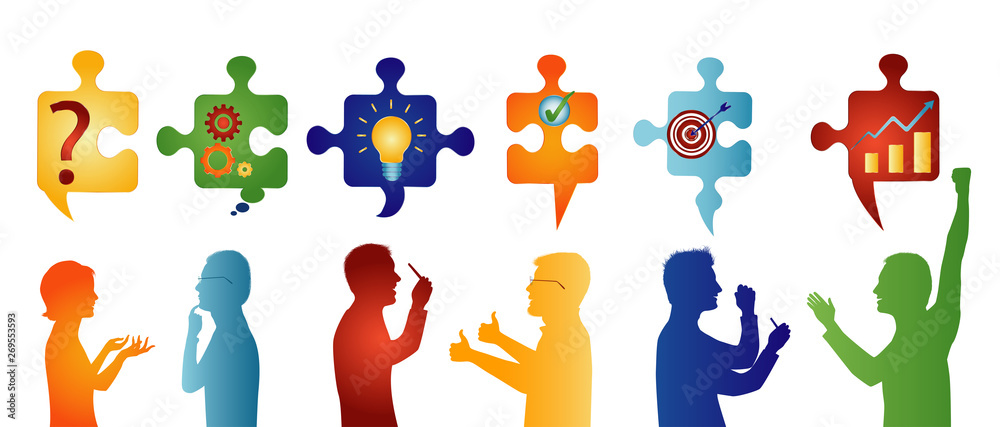 Colored profile people gesturing. Puzzle pieces with problem solving symbols. Business solution. Concept problem solving team. Strategy and success.Sharing idea
