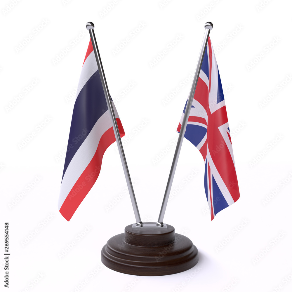 Thailand and UK, two table flags isolated on white background. 3d image 