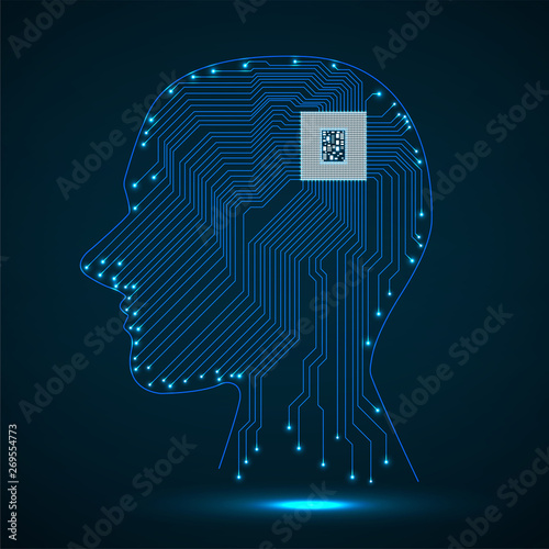 Abstract neon human head with cpu, circuit board