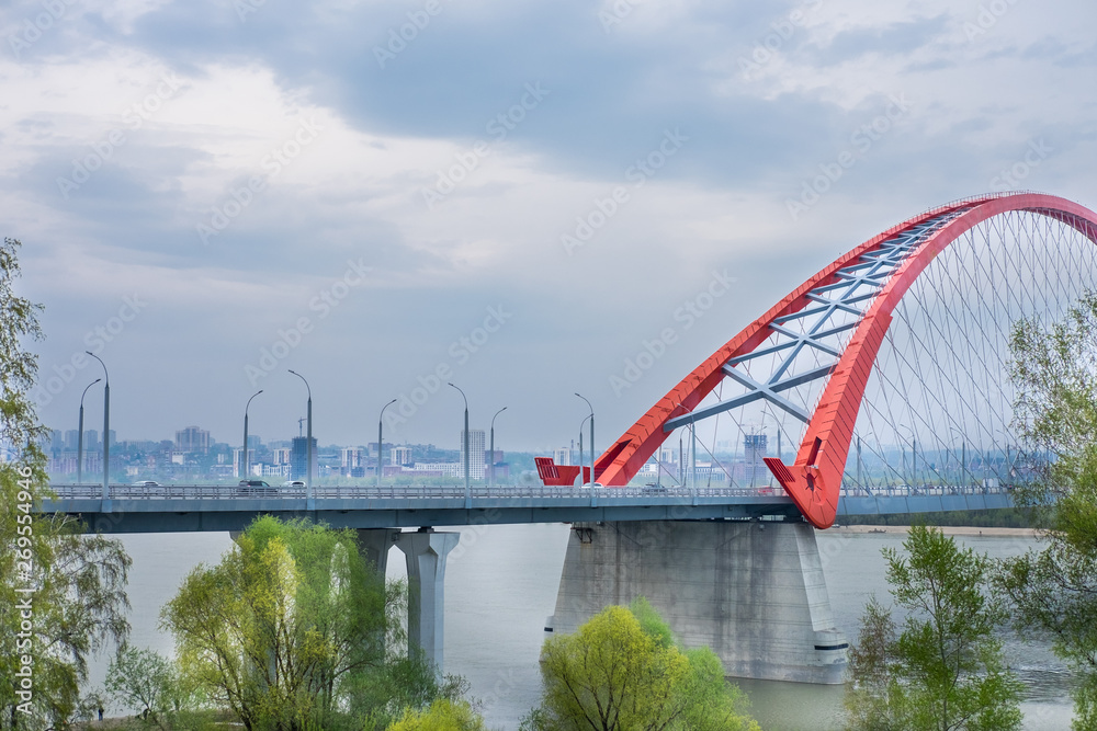 Fototapeta premium Novosibirsk, Russia, May 11, 2019: Bugrinsky Bridge over the River Ob