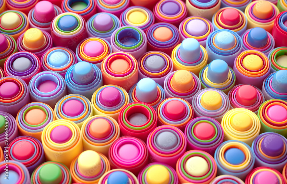 Rainbow of colorful tubes and cylinder. 3D background Rainbow of colorful tubes and cylinder. 3D background