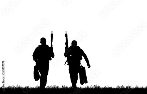 Silhouette of soldier with rifle on white background